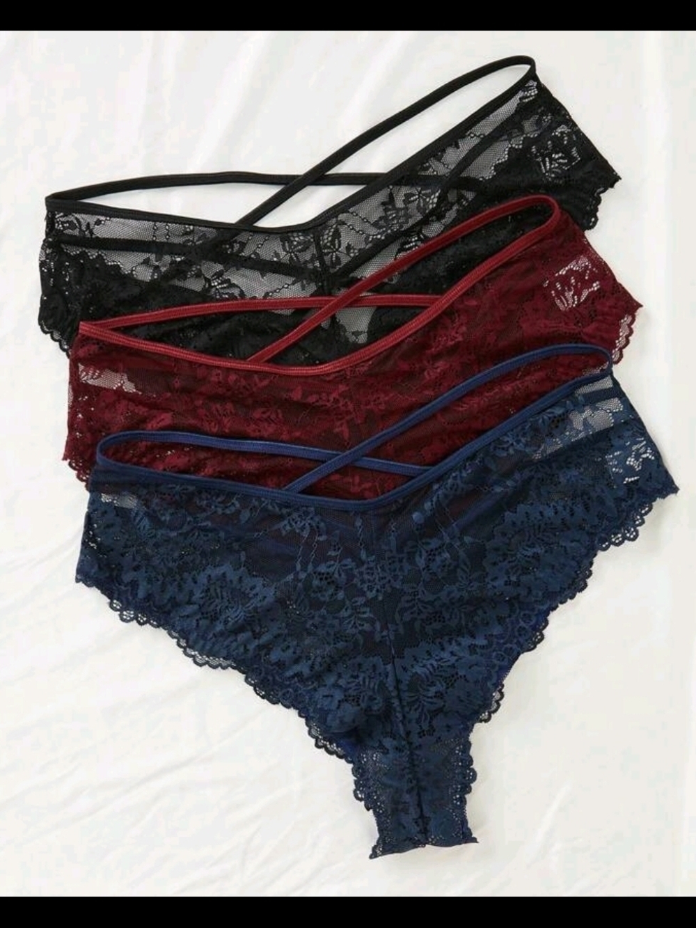 Women's Lace Strappy Bikini Panties - Black, Burgundy & Navy - Picture 2 of 2